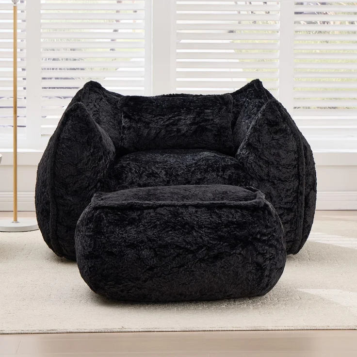 Riesiger Sitzsack für Erwachsene und Kinder, Sitzsack-Sofa mit Kunstfellbezug, Kissen und Hocker, bequemes Lese- und Spielsofa für Schlaf- und Wohnzimmer, Schwarz--Schwarz--123x157x73cm--YOUDENOVA – Bild 2
