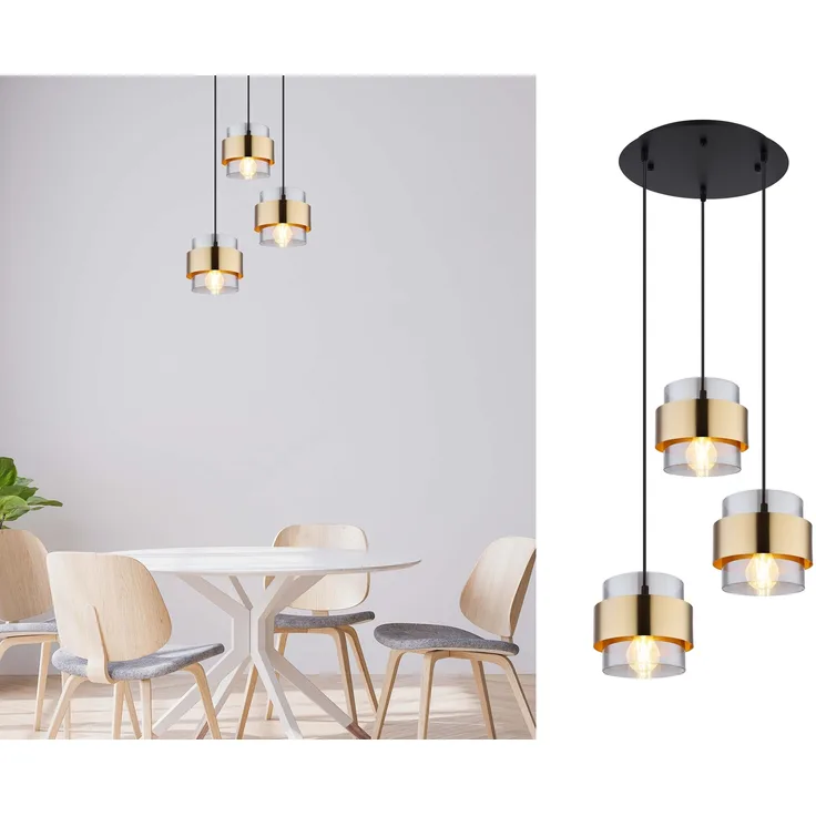 Hängeleuchte Hängelampe Wohnzimmer Glas Metall schwarz 3 Flammig 15560-3H