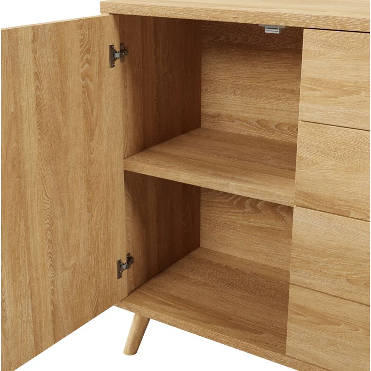 DESVIAE Sideboard mit 4 Schubladen und 2 Türen 140x86x40 cm aus Spanplatte und MDF, helle Eiche – Bild 9