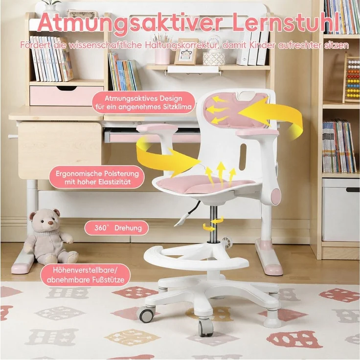 Rutaqian Kinderstuhl Schreibtischstuhl Kinder, Höhenverstellbarer Kinderdrehstuhl, Drehstuhl Kinder Mit Fußstütze & Armlehnen, Ergonomischer Kinderstuhl – Bild 4