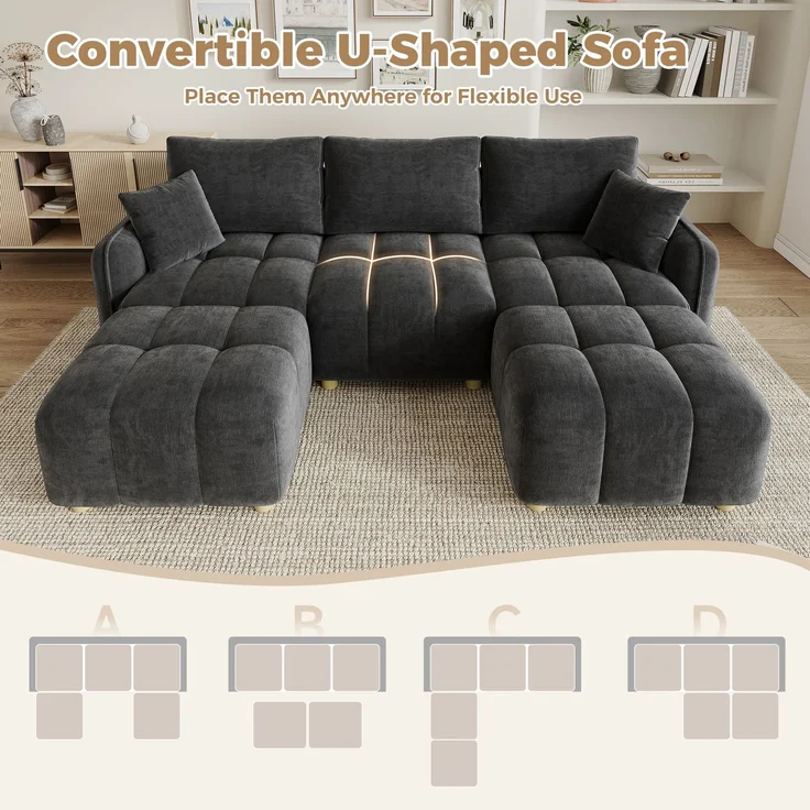 ZUBALIYA L-/U-förmiges wandelbares Ecksofa, 5-Sitzer modulare Sofakombination mit 2 Hockern und Kissen, Chenille-Stoff, Cloud-Sofa, breite Armlehnen, geeignet für Wohnzimmer, Modell N653P7720G – Bild 4