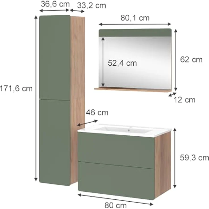 Vichy Badmöbel-Set Izan, 4-teiliges Badmöbelset in Goldkraft Eiche/Grün mit Hochschrank und Waschbecken – Bild 2