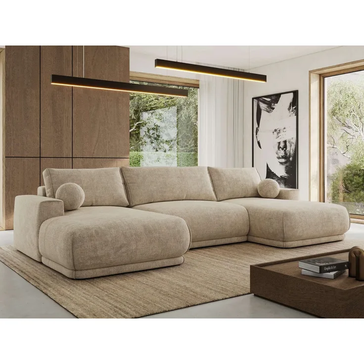XXL Wohnlandschaft RINA U-Form 360 cm breit, Sofa mit Schlaffunktion & DL-Mechanismus, Wellenfederung, modern freistehend - Beige Schenille grob gewebt