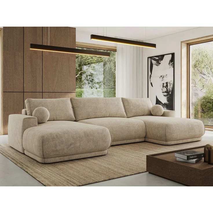 XXL Wohnlandschaft RINA U-Form 360 cm breit, Sofa mit Schlaffunktion & DL-Mechanismus, Wellenfederung, modern freistehend - Beige Schenille grob gewebt – Bild 1