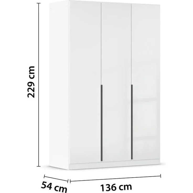Rauch Möbel Alabama, Kleiderschrank, Garderobenschrank, 3-türig, Zubehör Basic, 2 Kleiderstangen, 4 Einlegeböden, Farbe Hochglanz Weiß/Weiß, Griff Grau metallic, 136 x 229 x 54 cm – Bild 3
