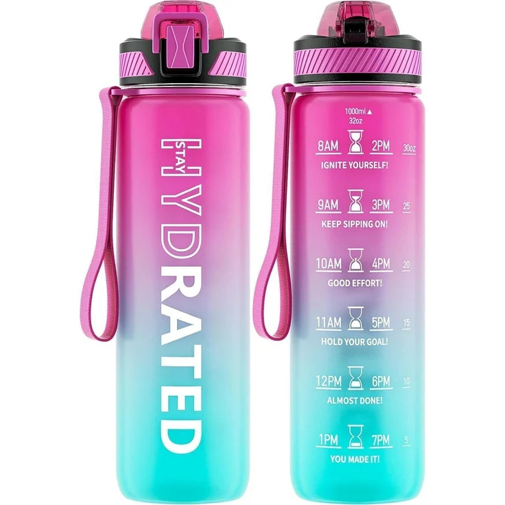 QLUR Trinkflasche 1L BPA-Frei mit Strohhalm und Zeitmarkierung Lila Grün – Bild 1