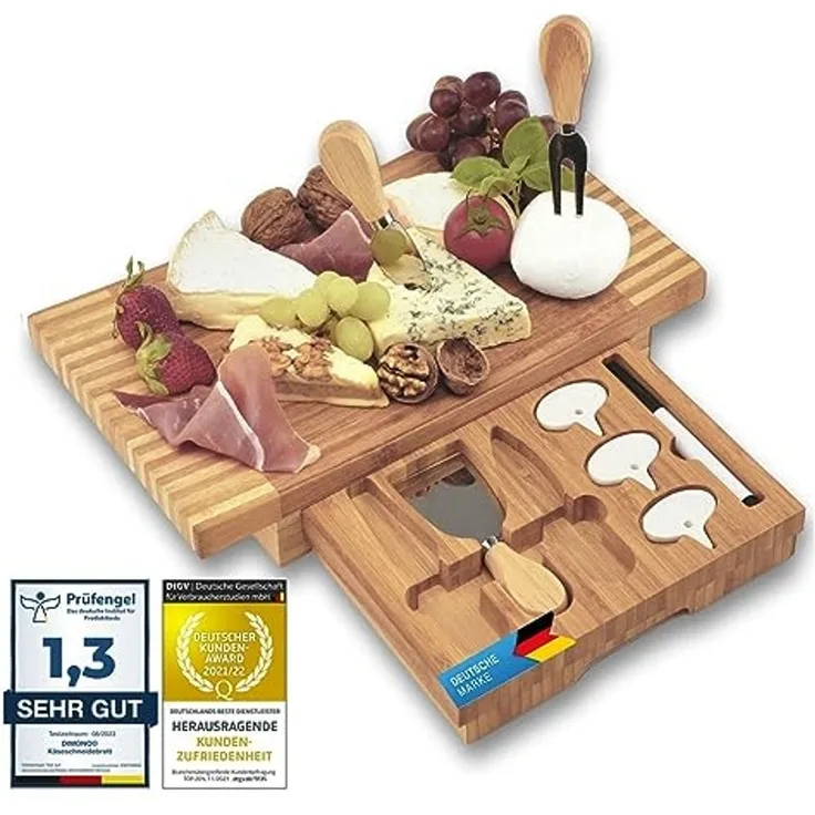 Dimono Käsebrett Deluxe mit 3 Käse-Messern, (Servier-Brett mit Käsebesteck, 8-St), Käse-Schneidebrett