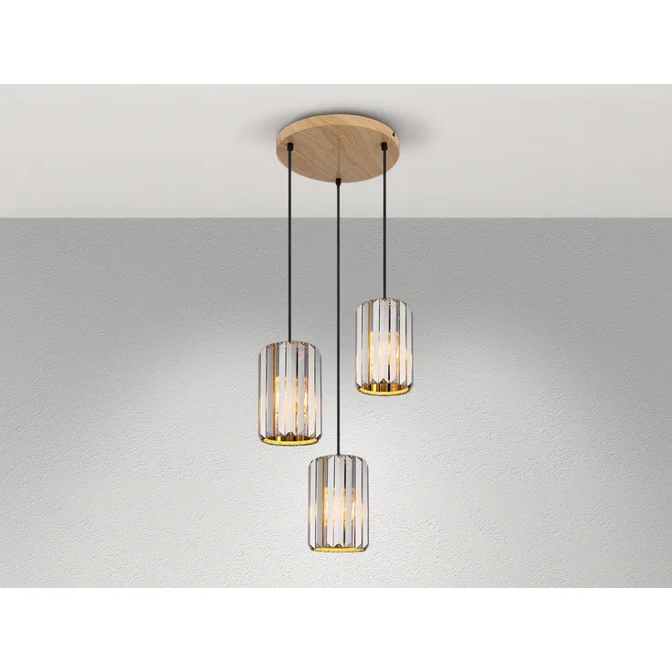 Hängeleuchte, 3-Flammig, Holzoptik, Kristall rauch, H 120 cm