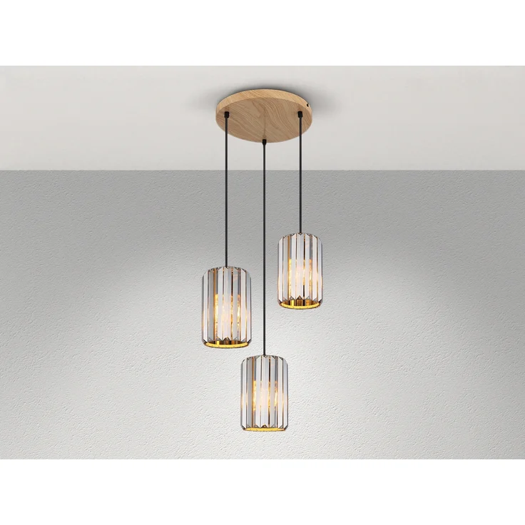 Hängeleuchte, 3-Flammig, Holzoptik, Kristall rauch, H 120 cm – Bild 1