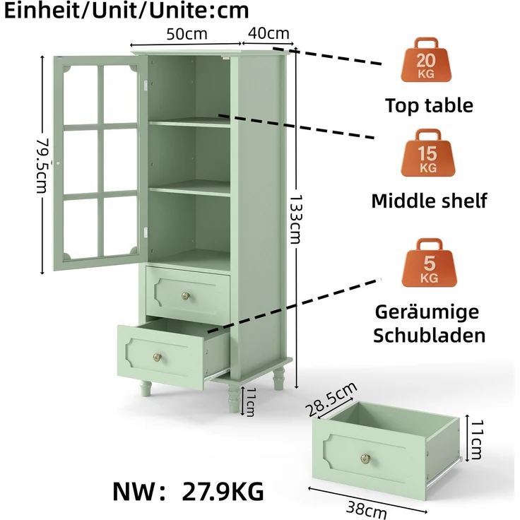Vitrine 50 x 40 x 133 cm aus UV-lackiertem MDF mit Glastür und 2 Schubladen, mintgrün – Bild 5
