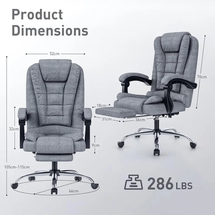 Botifly Chefsessel mit Fußstütze, Stoff, Grau, 90°-135° Relaxfunktion, 130 kg, mit verstellbarer Rückenlehne, 54 x 32.5 x 70 cm – Bild 3