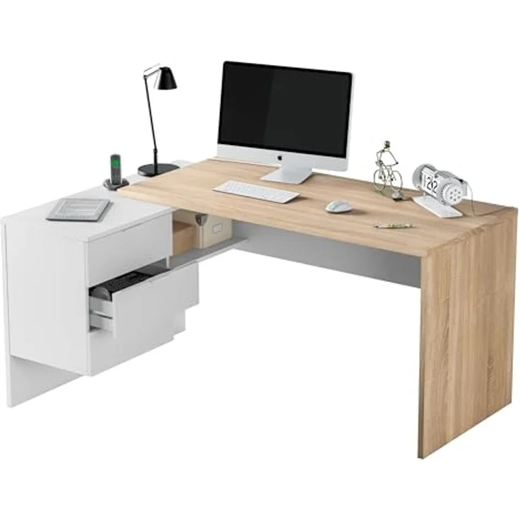 Wendeschreibtisch mit 3-Schubladen-Kommode, Eckschreibtisch, cm 145x108h73, Eiche und Weiß – Bild 1