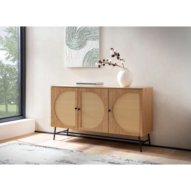 FINEBUY Sideboard FB104665 (140x80x39 cm Anrichte, Eiche-Dekor Rattangeflecht), Kommode Türen Standschrank, Hoher Kommodenschrank – Bild 2