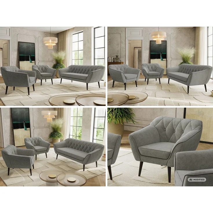 Wohnzimmerset PIRS 1-1-3, Skandinavisches 3-Sitzer Sofa mit Sesseln, Sofa mit Wellenfederung, schwarze Füße, Skandinavisches Möbelset - Grau Stukture – Bild 2