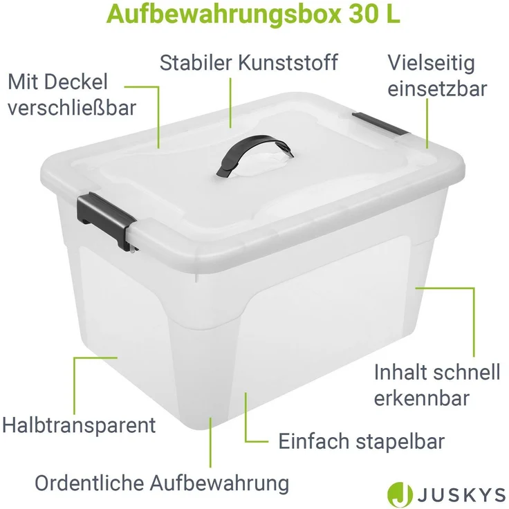 Juskys Aufbewahrungsbox mit Deckel, 4er-Set, stapelbar, Kunststoff transparent, 30 Liter – Bild 2