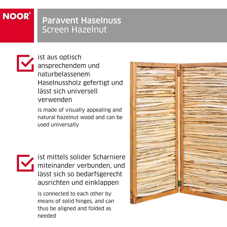 NOOR Paravent Haselnuss - klappbar - Sichtschutz-Module (3 St), aus Naturmaterialien - Sichtschutz für Garten, Terrasse und Balkon – Bild 3