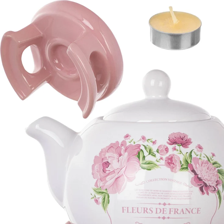 KADAX Teekanne 1L mit Stövchen Set, Kaffeekanne aus Porzellan mit Deckel, Griff und Teestövchen, Kanne mit Teelicht Wärmer für Tee, Teeservice (Rosa/Weiß, Ohne Tassen) – Bild 8