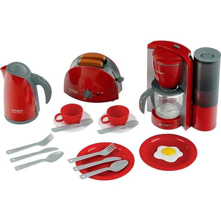 Theo Klein 9564 Bosch Frühstücksset I Küchen-Set bestehend aus Toaster, Kaffemaschine, Wasserrkocher und vielem mehr I Verpackungsmaße: 44,5 x 13 x 34 cm I Spielzeug für Kinder ab 3 Jahren