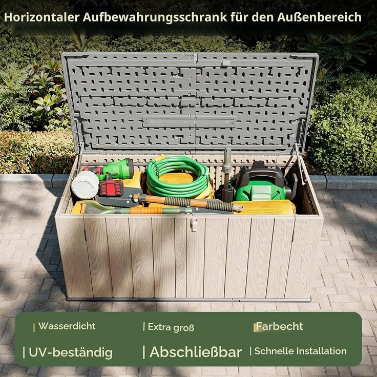 Aoxun Gartenbox aus Harz 600L,Auflagenbox Wasserdicht Außenmaße:142 x 67 x 63 cm,Wetterfest,Abschließbar,Braun – Bild 4