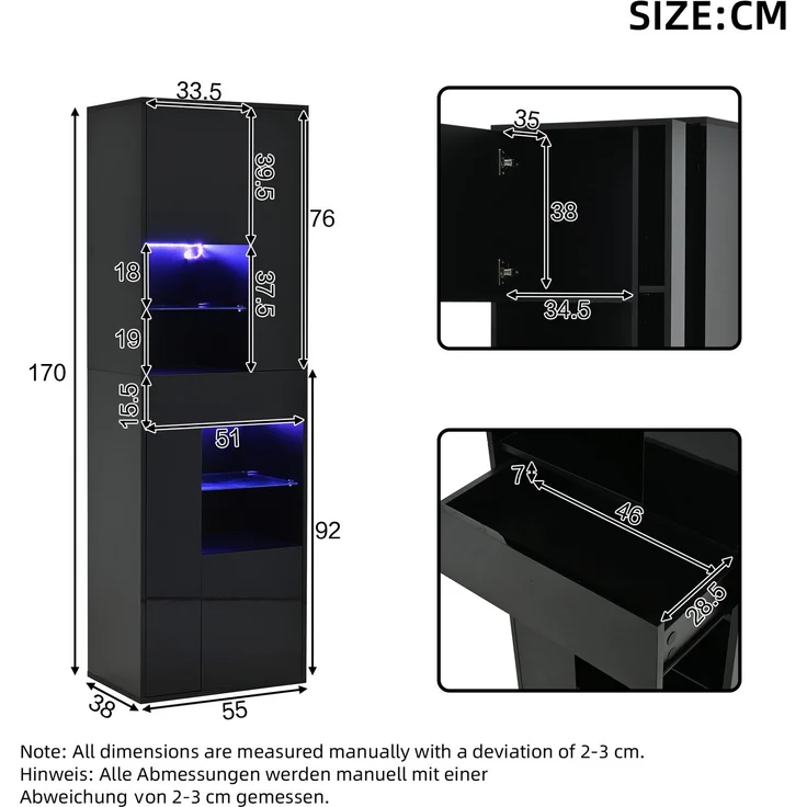 DESVIAE Vitrine mit LED-Beleuchtung und Schublade 55x170x38 cm Spanplatte Glas Schwarz – Bild 10