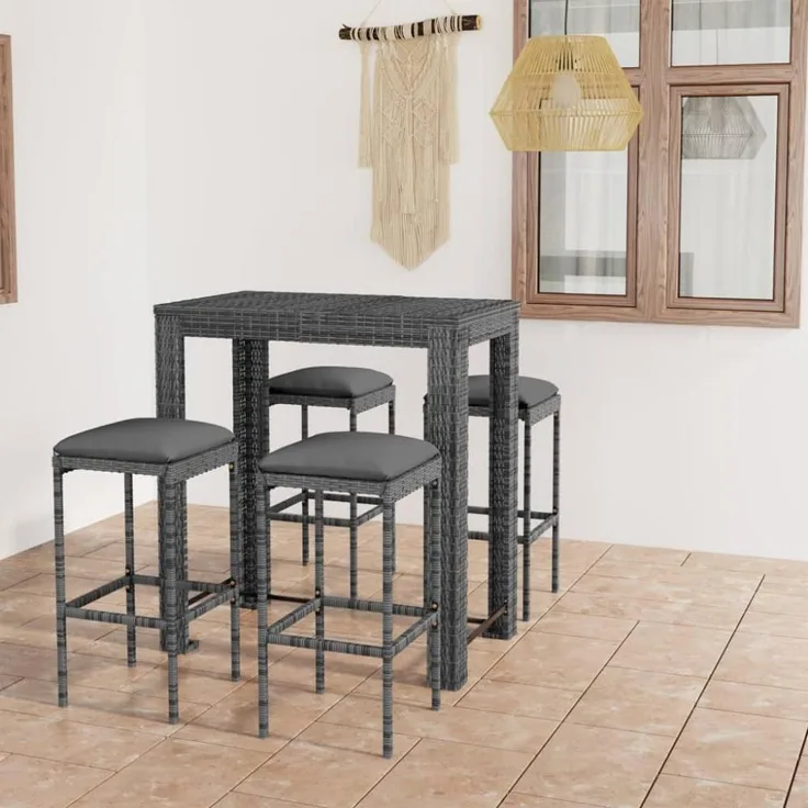 vidaXL 5-tlg. Gartenbar-Set mit Kissen Poly Rattan Grau 3064782
