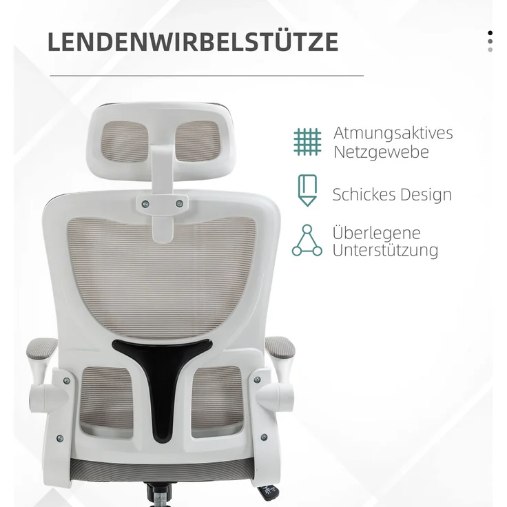 Bürostuhl ergonomisch höhenverstellbar Schreibtischstuhl mit Armlehnen, Kopfkissen, Wippfunktion und Lendenstütze, Mesh Grau für optimalen Komfort--Grau--60x59x122cm--YOUDENOVA – Bild 6
