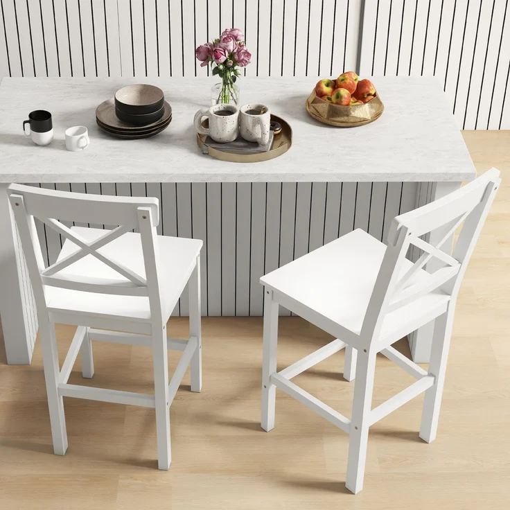 2er-Set Hochstühle, Barhocker im Country-Chic-Stil aus Holz, Höhe 60 cm, mit Fußstütze, weiß – Bild 9