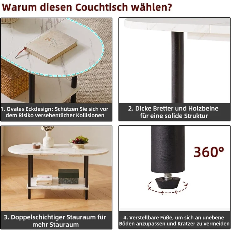 Couchtisch Aibiju Holzbeine 2-Stufiger Stauraum Weiß Schwarz YD-011M – Bild 5