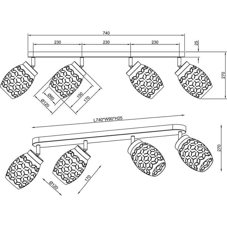 Deckenstrahler BIDAR Coffee 4-flammig mit Stanzmuster, Breite 74cm – Bild 6