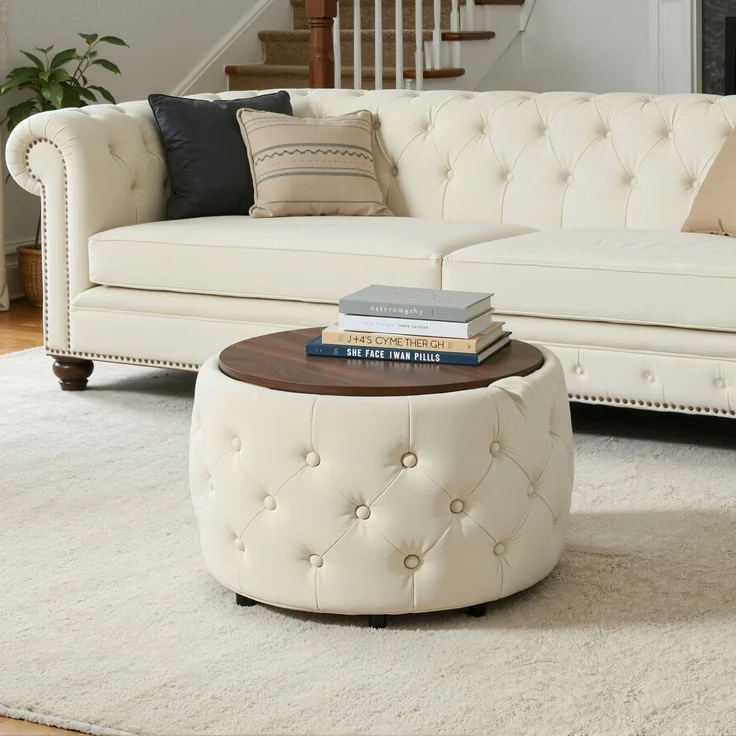 Luxuriöses 2er-Set Nesting-Hocker aus Samt, 4-in-1-Funktion, runder Stauraum-Fußhocker mit Holzablage, kein Aufbau erforderlich, Beige--Beige--59.6x59.6x38cm--YOUDENOVA – Bild 7