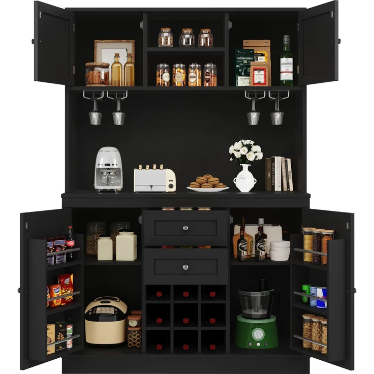 Küchenschrank mit verstellbaren Ablagen & Weinregal, Hochschrank Küchenbuffet mit 4 Türen & 2 Schubladen, Sideboard für Küche & Wohnzimmer, Buffetschrank, Schwarz--Schwarz--120x40x188cm--YOUDENOVA – Bild 9