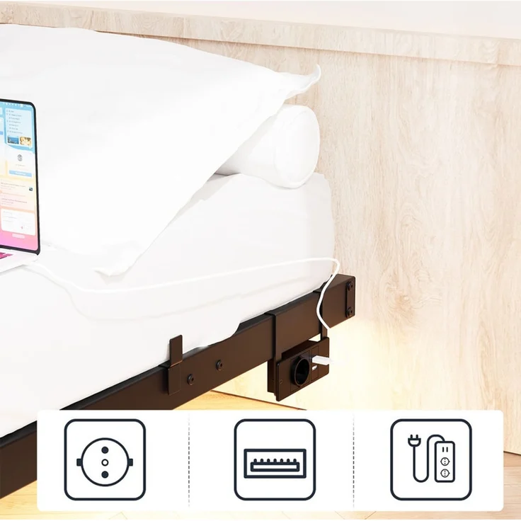 Homerecommend Schwebebettrahmen Metallbett 140x190 cm, für Schlafzimmer & Jugendzimmer, mit LED-Beleuchtung & integrierter Ladestation (1 Steckdose, 2 USB), Vintage Schwarz – Bild 6