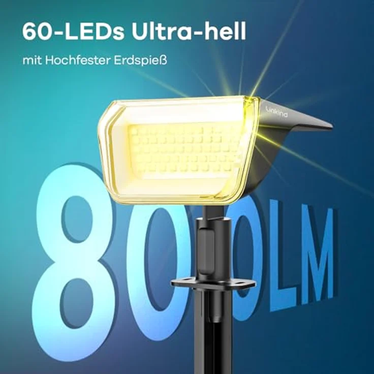 Linkind 60-Led Solar Strahler für außen Warmweiß 800Lm, Extra-lange Leuchtdauer & Intelligent Entladung, 3000K Solar Gartenleuchte mit Lade-Anzeige, IP67 LED Solar Gartenstrahler Solarlichter, 3 Stück – Bild 3