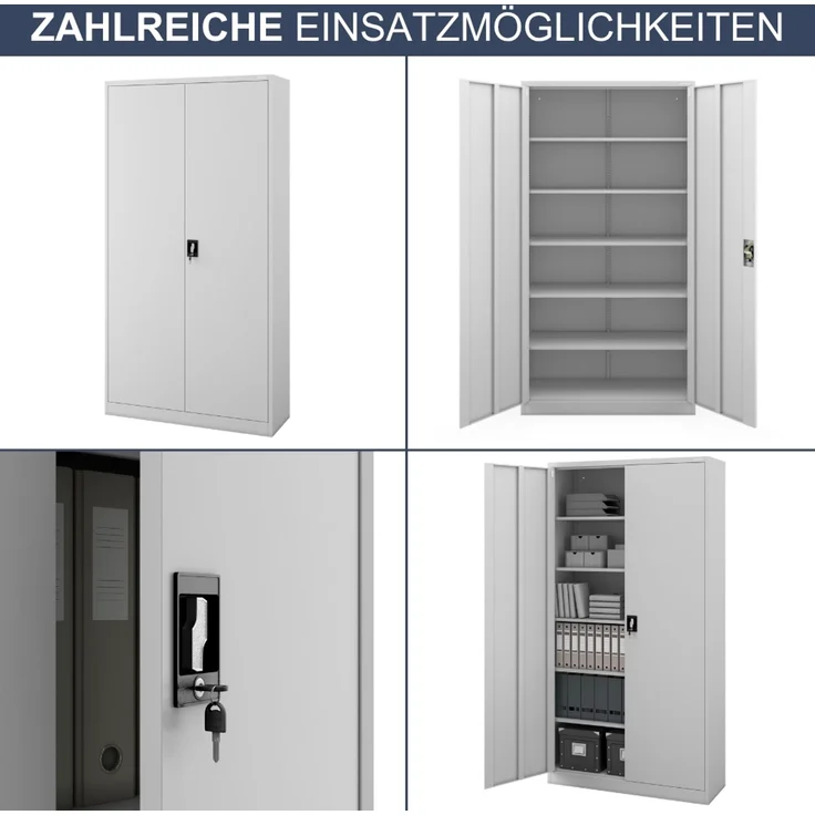 Aktenschrank abschließbar KADO - 6 Ebenen verstellbar, Flügeltüren | Metallschrank Werkstatt Mehrzweckschrank Büroschrank aus Stahl Werkzeugschrank, 220 x 115 x 40 cm Grau – Bild 6