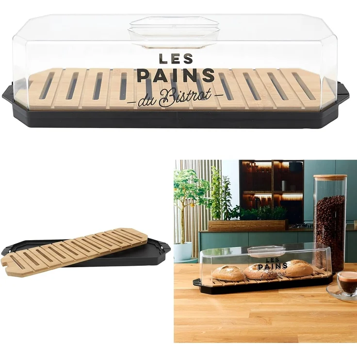 COOK CONCEPT, KA0644, Brotkasten mit transparentem Deckel und Holztablett, Elegantes Design zur optimalen Aufbewahrung von Brot und Gebäck – 403 x 97 x 121 cm, transparent schwarz – Bild 5