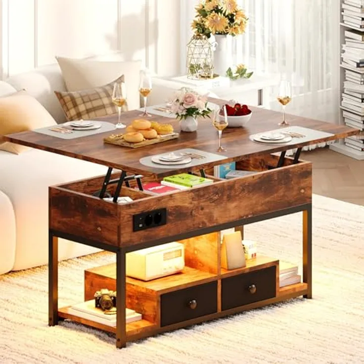IRONCK Couchtisch Höhenverstellbar, LED Wohnzimmertisch mit Steckdosen | 2AC+USB+USB‑C, Kaffeetisch Holz, 2 Schubladen, Umwandelbar Esstisch 100×80cm, Vintagebraun