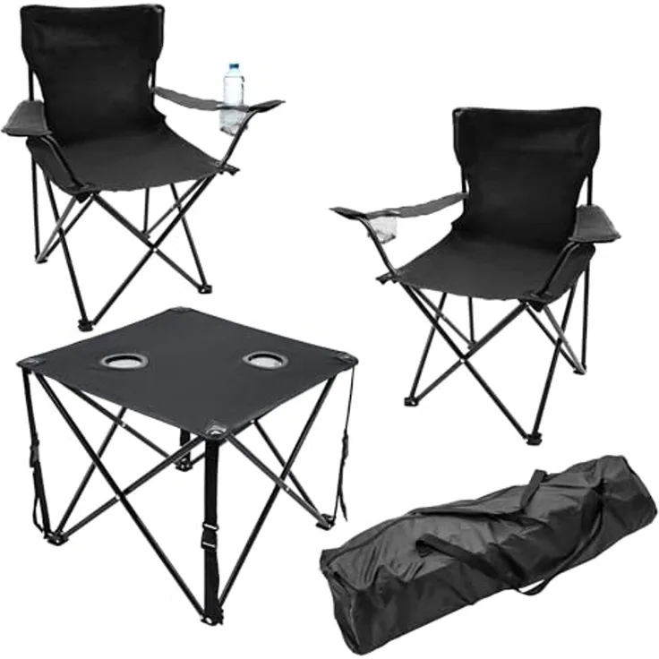 Spetebo Campingstuhl Sitzgruppe Tisch und 2 Stühle für Garten & Camping (3 tlg, 1 St), Outdoor Sitzgarnitur faltbar mit jeweils integriertem Getränkehalter