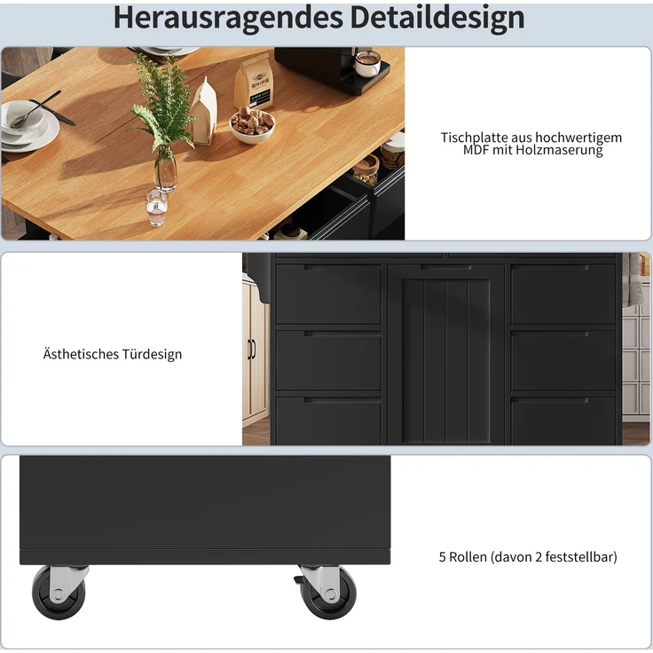 Kücheninsel mobil ausklappbare Tischplatte 122 cm mit 8 Schubladen Rollen Spanplatte,Schwarz & Holzoptik – Bild 6