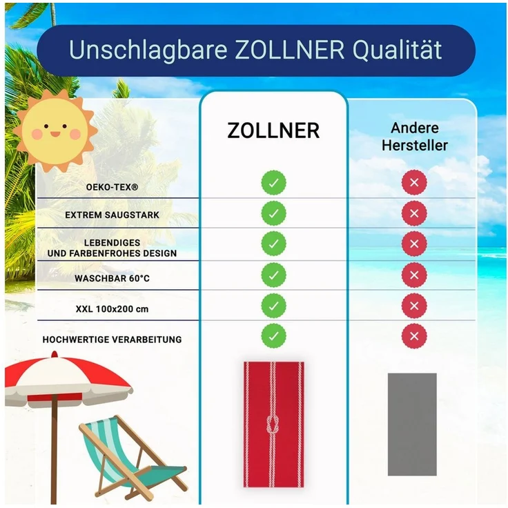 ZOLLNER Strandtuch, Glattvelours (1-St), 100x200 cm, 100% Baumwolle, vom Hotelwäschespezialisten – Bild 3
