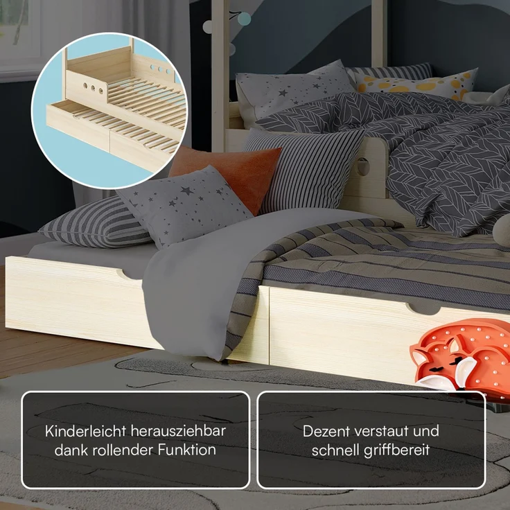 Bellabino 'Bela' Hausbett 90x200 cm mit Gästebett 90x190 cm, natur, Kiefer Massivholz, Montessori Kinderbett mit Ausziehbett, inkl. Rausfallschutz und Lattenrost – Bild 5