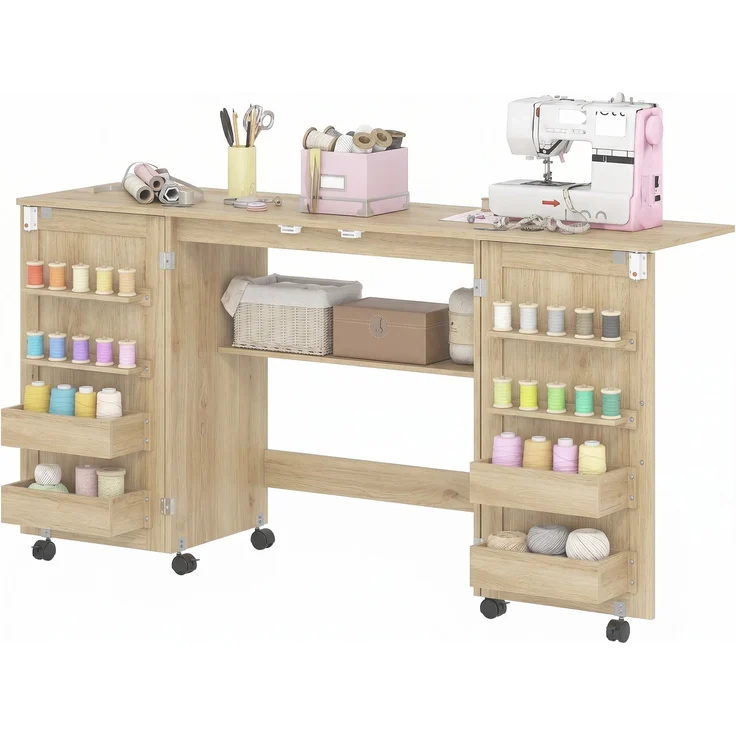 Wohnora-Klappbarer Nähtisch, Nähschrank auf Rollen, 2 Magnettüren, 4 Ablagen, 20 Haken, 160 x 40 x 83 cm, Eiche,H 830cm x T 800cm x B 400cm – Bild 2