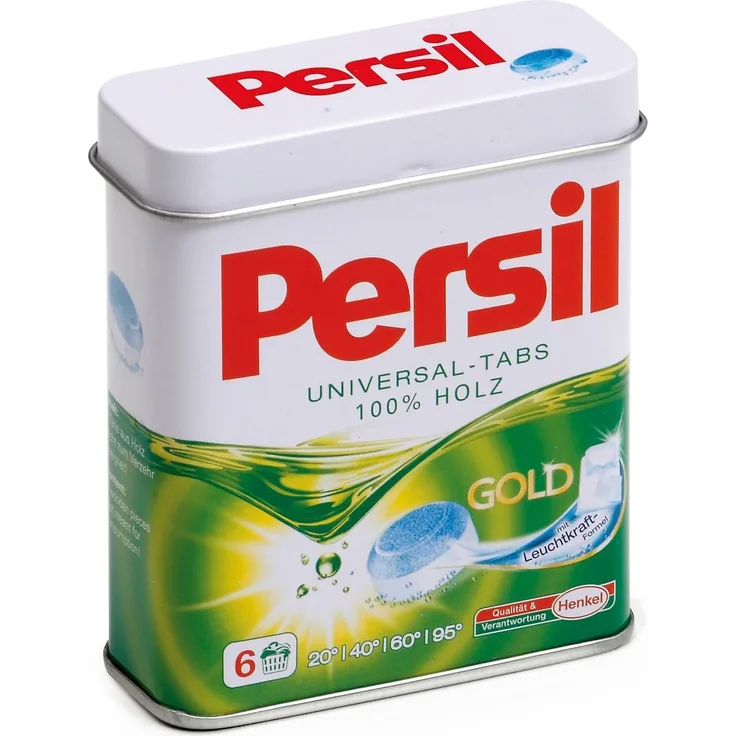 Erzi 21201 Waschmitteltabs Persil aus Holz in der Dose, Kaufladenartikel für Kinder, Rollenspiele