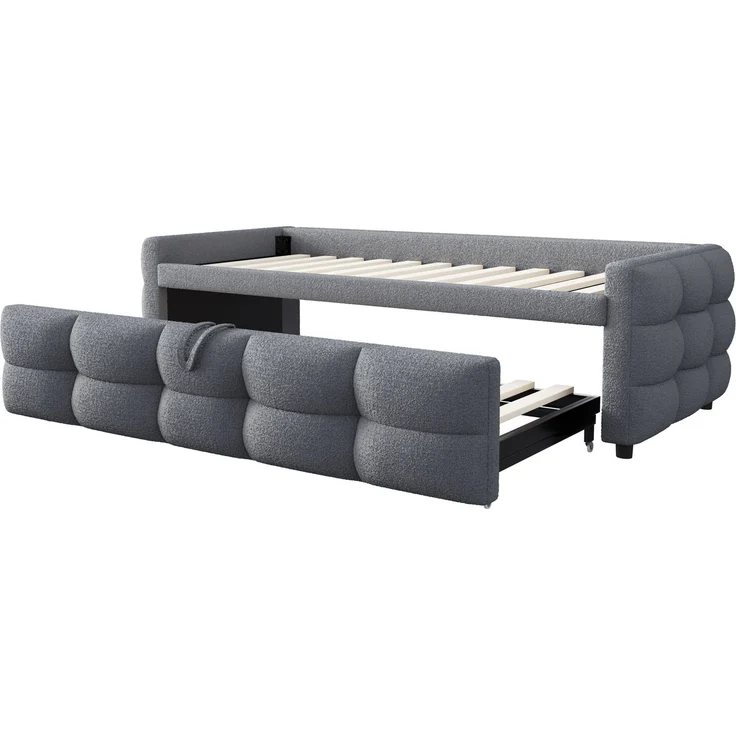 ZUBALIYA Schlafsofa 90x180 cm, ausziehbare Liegefläche, Lattenrost, Leiter, mit Teddy-Stoffbezug, Grau, ohne Matratze – Bild 10