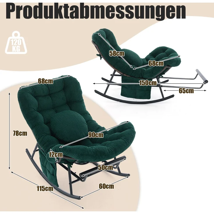 LVHOM Schaukelstuhl mit ausziehbarer Fußstütze, Rattanstuhl mit Stahlrahmen, Schaukelsessel mit gepolstertem Kissen und Seitentasche, Lounge Sessel, 1 St, Dunkelgrün – Bild 7