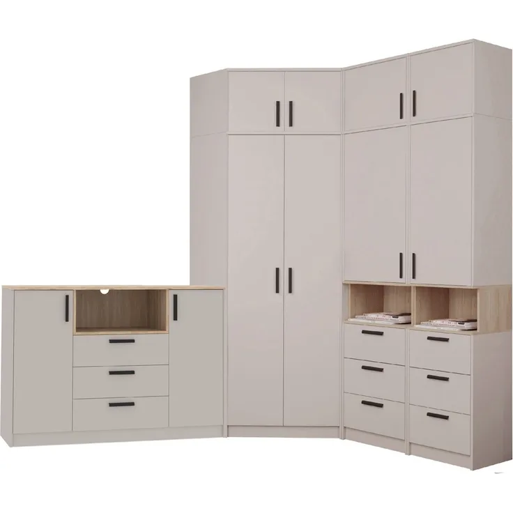 Marmex Möbel Grant Set-35C Schranksystem mit mit Aufsätzen und Kommode für Schlafzimmer, Ankleidezimmer, Eckschrank, Standregalen mit Schubladen und Einlegeböden, große Kommode, laminierte Spanplatte, graubeige cashmere+cremona torro 228/195x235x40 cm