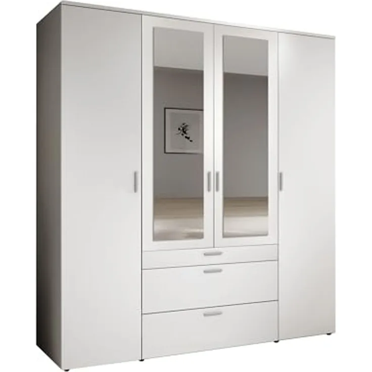 Drehtürenschrank >Vesala< 4 Türen, 3 Schübe, Weiß / Spiegel - 180x195x56cm (BxHxT)