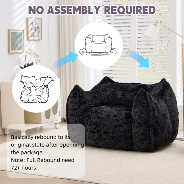Riesiger Sitzsack mit Kissen, bequeme große Sitzsäcke für Erwachsene und Kinder, Kunstfell-Bodensofa für Wohnzimmer, Schlafzimmer und Wohnung, Schwarz--Schwarz--123x97x73cm--YOUDENOVA – Bild 7