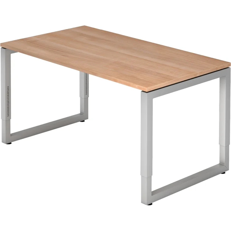 bümö höhenverstellbarer Schreibtisch R-Serie 140x80 cm in Nussbaum, Gestell in Silber - PC Tisch klein für's Büro manuell höhenverstellbar, Computertisch verstellbar, RS-14-N-S – Bild 1