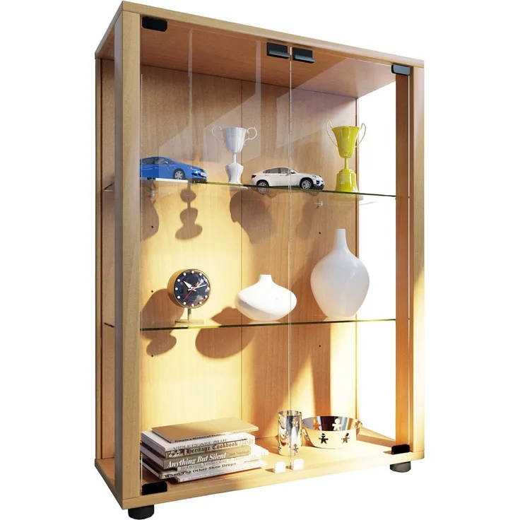 VCM Sammelvitrine Standvitrine Glasvitrine Glasregal Vitrine Glas Schaukasten mit LED-Beleuchtung Buche "Sintalo"