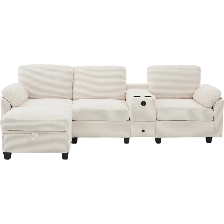 LVHOM 3-Sitzer Sofa mit Hocker, L-Form Ecksofa mit Stauraum, USB-C-Anschluss und 2 Getränkehaltern, modulares Sofa, Beige – Bild 2